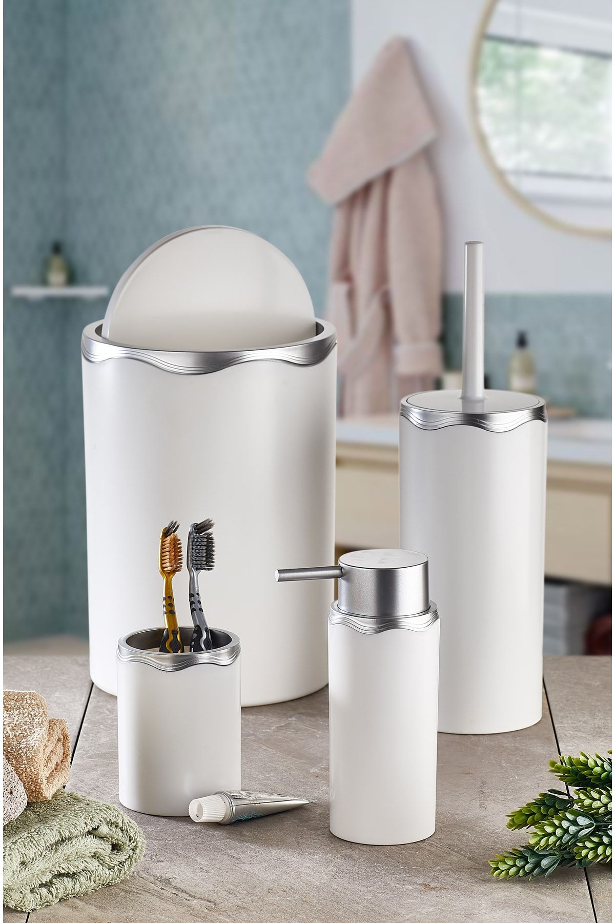 KURT HOME Banyo Seti Beyaz Gümüş